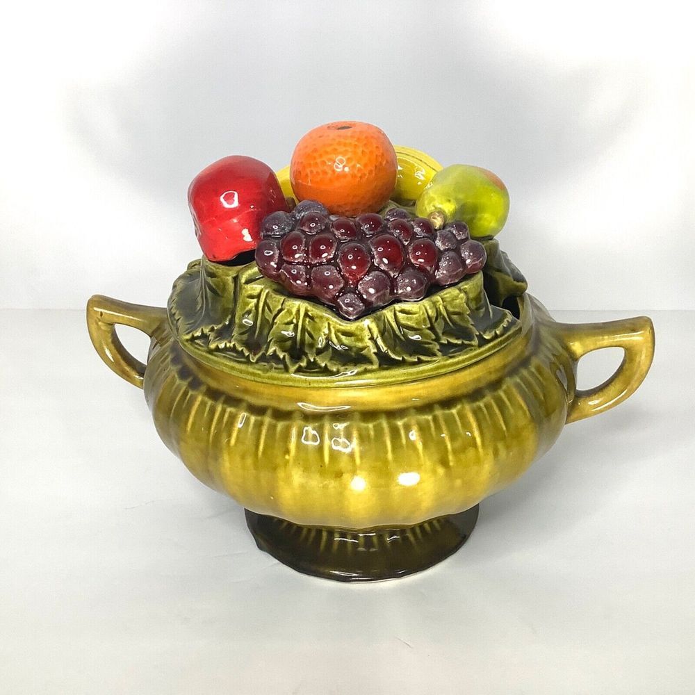California Pottery Olive Green Majolica Ceramic Footed Soup Tureen Fruit Vintage